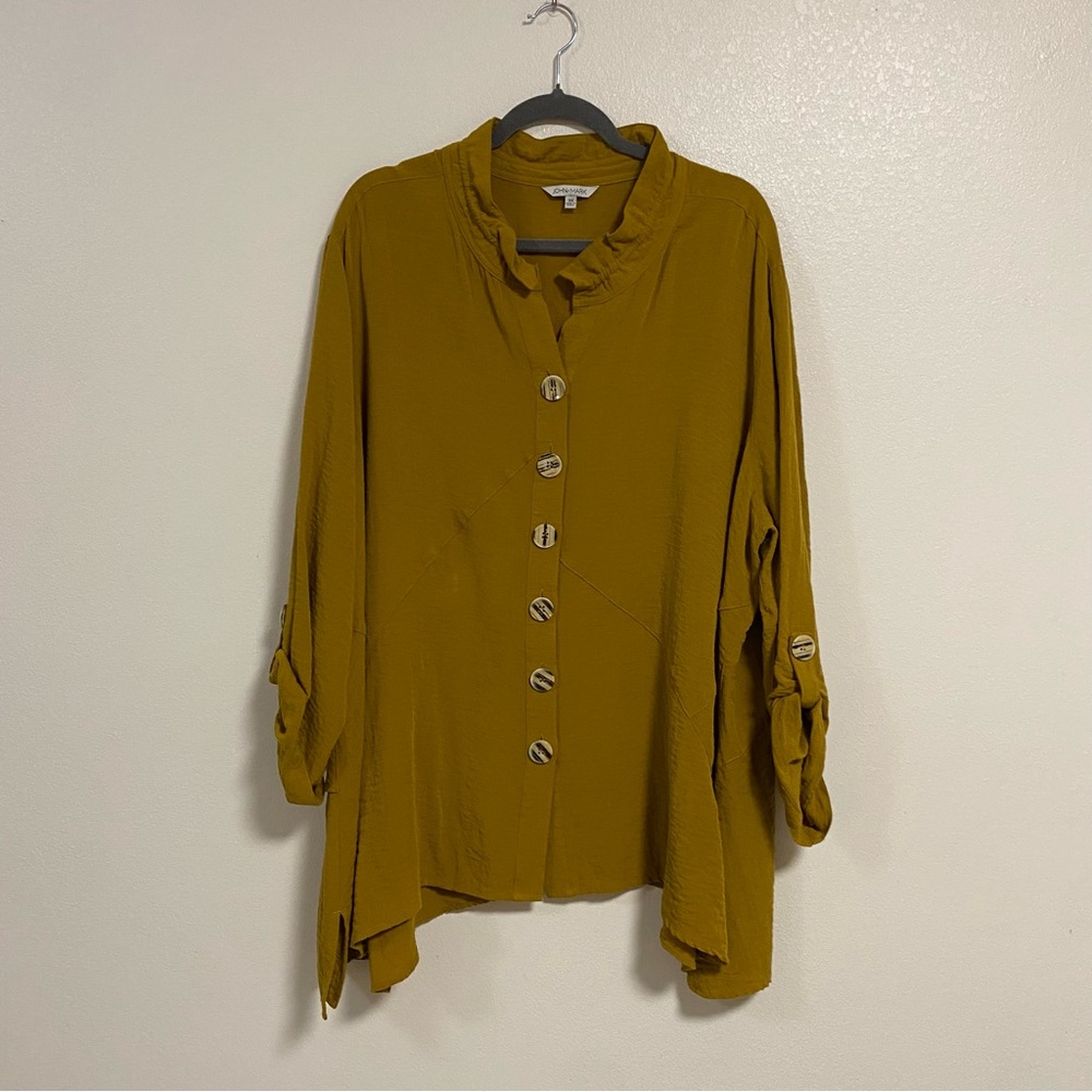 John Mark Shirt Women Size 3X Golden Mustard Button up Shirt Top Roll up sleeve